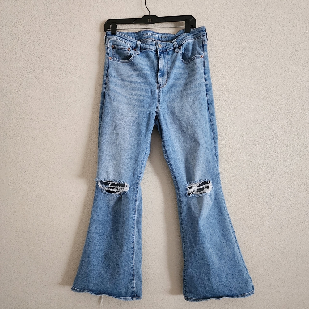 American Eagle Blue Distressed Flare Wide Leg Super High Rise Size 12